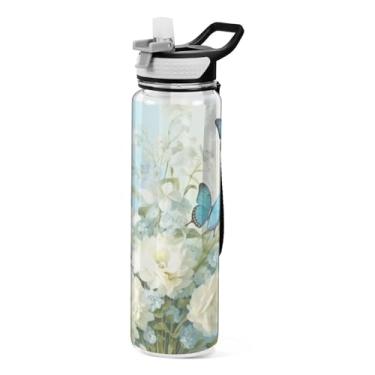 Imagem de Burbuja Garrafa de água Butterfly in Flowers de 940 ml com tampa de palha, à prova de vazamento e livre de BPA para academia, esportes ao ar livre