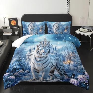 Imagem de XYNHML Jogo de cama solteiro com estampa de tigre branco, 3 peças, safári, caça, flor,...