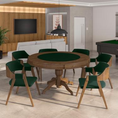 Imagem de Conjunto Mesa de Jogos Carteado Bellagio Tampo Reversível e 6 Cadeiras Madeira Poker Base Estrela Veludo Verde/Nogueira G42 - Gran Belo
