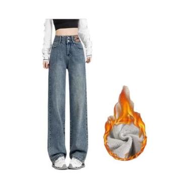 Imagem de Calças Jeans Térmicas Femininas De Cintura Alta Com Design De Fivela D