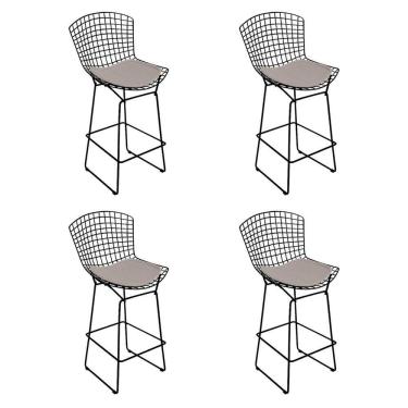 Imagem de Kit 4 Banquetas Alta Bistrô Bertoia Preta D60 Com Assento Bege
