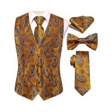 Imagem de Colete Masculino De Seda Vermelho, Azul, Verde E Dourado Com Gravata B