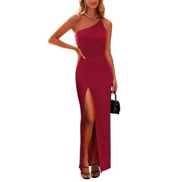 Imagem de Vestido PRETTYGARDEN Maxi Vermelho Vinho com Fenda Alta e Ombro Único 
