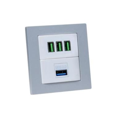 Imagem de Espelho Duplo Reto 3 USB 5.2A 1 USB Dados - CONNECT CAIXA TOMADA, Cinz