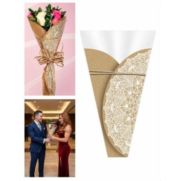 Imagem de Plástico Cone Bouquet Flores Rosas Arranjo Kraft Renda 50un - Xingó