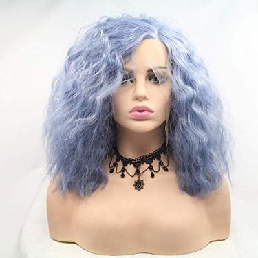 Imagem de ZYEZI Perucas europeias e femininas tingidas cor azul frontal laço peruca cabelo curto pequeno curvado fibra química de alta temperatura seda tecida à mão conjuntos de cabelo
