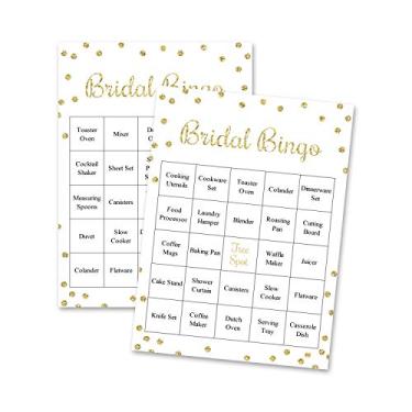 Imagem de InvitationHouse Jogo de bingo Gold Confetti Bridal – Bingo pré-preenchido para chá de panela – Conjunto de 24 cartas (ouro falso no branco)