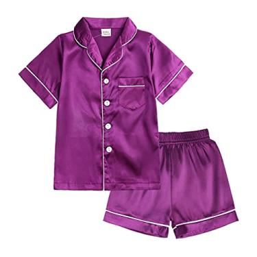 Imagem de Conjunto de pijama infantil para meninos e meninas de cetim de seda infantil manga curta 2 peças de botão para meninos roupas de páscoa, Roxa, 10-11 anos