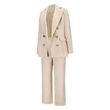 Imagem de Conjunto de terno feminino formal de escritório casual trabalho de negócios gola V colarinho virado para baixo 3 botões escritório senhora blazer calças, bege, M
