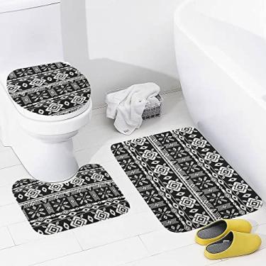 Imagem de Conjunto de tapetes de banheiro 3 peças tribais étnicos geométricos tapete de banheiro lavável tapete antiderrapante tapete de contorno e tampa para banheiro