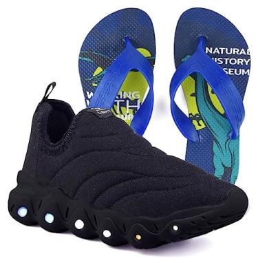 Imagem de Tenis Infantil De Led Calce Facil Elastico Meninos Masculino + Chinelo Cor:Preto;Tamanho:26
