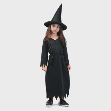 Imagem de Fantasia de Bruxa Infantil Preta Clássica Vestido Halloween Preto com Chapéu Grande Sulamericana 923464
