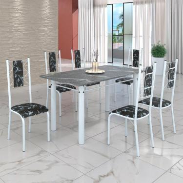 Imagem de Conjunto Sala de Jantar Bahia Mesa Tubo 140x75cm Tampo Pedra Granito Topázio com 6 Cadeiras Preto Floral/Branco