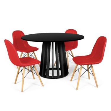 Imagem de Conjunto Mesa de Jantar Redonda Talia Preta 120cm com 4 Cadeiras Eiffel Botonê - Vermelho