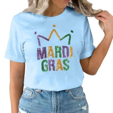 Imagem de 2024 Mardi Gras Outfit for Women Letter Printed Mardi Gras Shirts for Women Sparkly Fat Tuesday Camisetas, Azul claro, M