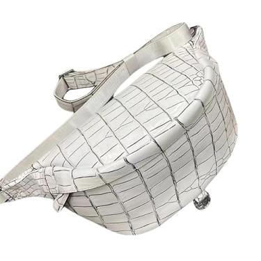 Imagem de Bolsa de couro de crocodilo genuína com acabamento fosco azul marinho masculina com zíper e couro de jacaré autêntico, bolsa transversal oblíqua, Branco, lazer