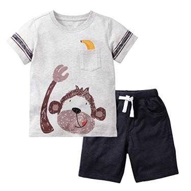 Imagem de 8BEES Conjunto de 2 peças de algodão para meninos e crianças, roupas de verão, estampa de dinossauro, camiseta e shorts, 18 meses a 7 anos, Macaco, 6-7 Anos