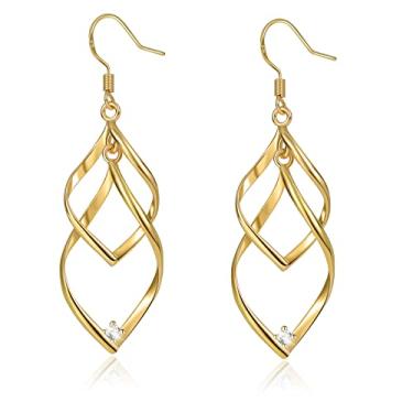 Imagem de met-edianger Brincos pendentes de gota torcida com strass banhado a prata/ouro zircônia cúbica linear espiral brincos pendurados para mulheres e meninas, Latão, Latão