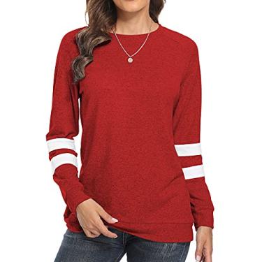 Imagem de Makamaka Camisetas femininas de manga comprida, suéter, gola redonda, blusa, túnica, Vermelho, G