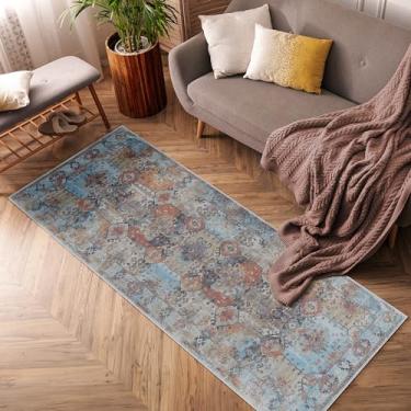 Imagem de Adiva Rugs Tapete de área lavável à máquina para sala de estar, quarto, banheiro, cozinha, decoração de casa vintage persa, tapete de decoração de chão (VIZON/azul, 6,6 cm x 1,8 m)