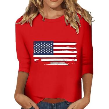 Imagem de Camisetas femininas de 4 de julho com a bandeira americana do Dia da Independência Camiseta casual Patriotic Memorial Day, blusa de manga 3/4, Vermelho, 3G