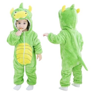 Imagem de LONULAIN Pijama unissex para fantasia de animal, macacão infantil de flanela com capuz para cosplay, roupa de casa/roupa de dormir, Dinossauro verde, 3-6 Months/Height:23"-26"