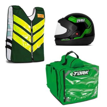 Imagem de Kit Motoboy Mochila Térmica + Capacete Sport Moto 788 Verde 56 + Colet