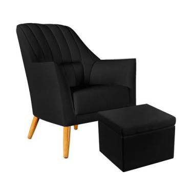 Imagem de Poltrona Orion Bordada com Puff Quasar Couro Preto Aradecor