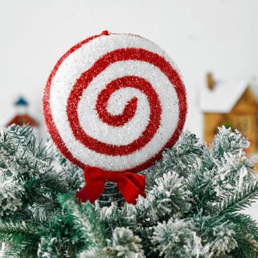 Imagem de Gejoy Topper de árvore de doces de Natal, bengala de doces de hortelã-pimenta, topos de árvore de Natal de 26 cm, redemoinho de doces, enfeite de Natal com glitter, topo de árvore de Natal para festas