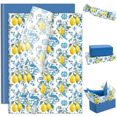 Imagem de Generic AnyDesign 100 folhas de papel de seda limão azul primavera verão arte papel de embrulho vintage sazonal para aniversário, casamento, chá de bebê, artesanato faça você mesmo, embalagem de