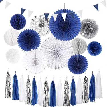 Imagem de APKPK- Decorações para festa azul marinho, branco e prata, kit de 28 peças para formatura 2025, serpentinas de pompons de papel de seda, guirlanda de borlas, flores de banner, aniversário de solteiro