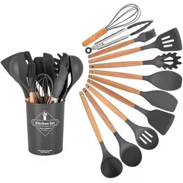 Imagem de Kit 12 Utensílios Em Silicone De Cozinha Cabo De Madeira Conjunto Jogo Resistente ao Calor Suporte Antiaderente Altas Temperaturas Colher Concha Espátula (PRETO)