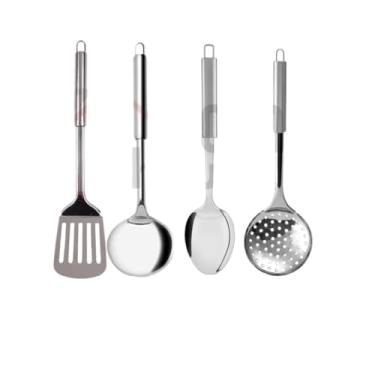 Imagem de Kit Utensílios de Cozinha Aço Inox Escumadeira Concha Colher de Arroz Pegador de Massa Garfo Trinchante Espátula Vazada(4)