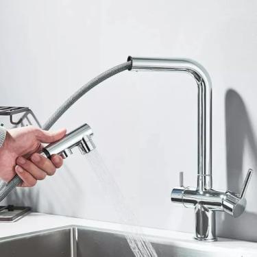 Imagem de Torneira de cozinha retrátil com filtro, torneira purificadora de latão preto, rotação de 360 graus, torneira para água potável, misturador de pia, cromado