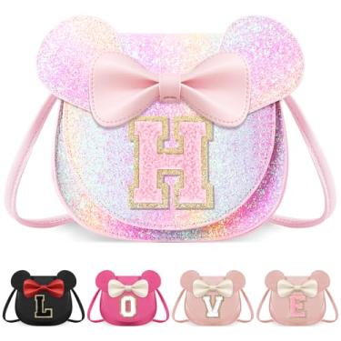 Imagem de izuzta Bolsa infantil para crianças 1 2 3 4 5 6 7 8 anos de idade bonito mouse orelha laço bolsa transversal presente de aniversário, Bolsa grande/brilhante/letra rosa, H, H
