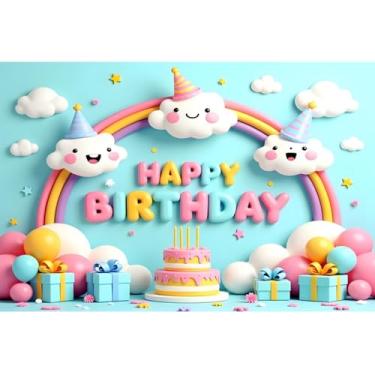 Imagem de YongFoto Pano de fundo infantil feliz aniversário 1,5 x 0,9 m caixa de presente com estrelas arco-íris arco azul fotografia fundo doce bebê menina menino um ano de idade 1º 2º aniversário bandeira