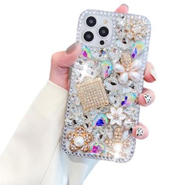 Imagem de Compatível com iPhone 14 Pro Glitter Bling Case, luxuoso diamante strass pedra preciosa 3D perfume garrafa e flor preciosa macia TPU capa traseira para mulheres com iPhone 14 Pro 6,1 polegadas