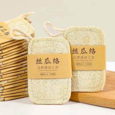Imagem de 8 peças de esponja de lavar louça bucha natural esponja de toalha de prato bucha com laço para pendurar pratos de limpeza de cozinha esfregão de pratos natural