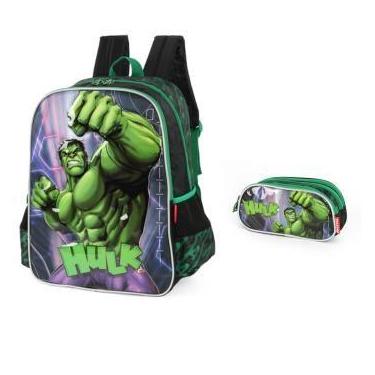Imagem de Kit Mochila Costas Escolar Disney Hulk + Estojo Ziper 3 Divisorias Cor