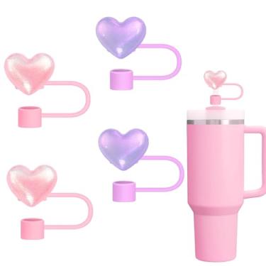 Imagem de Coberturas de palha para Stanley, 4 peças de tampas de palha de coração brilhante rosa para copo Stanley copo de 30 e 1,134 g, pontas de bebida reutilizáveis de 10 mm fofas compatíveis com acessórios