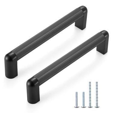 Imagem de L&lonpa Pacote com 10 puxadores de armário pretos foscos - 128 mm com espaçamento de parafusos, puxadores serrilhados de gaveta duráveis, puxadores de gaveta modernos para cozinha, quarto, banheiro