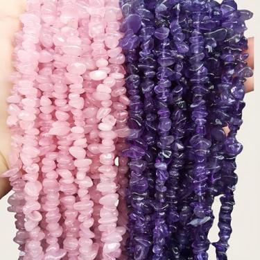 Imagem de 5-10mm Natural Rose Quartz+Amethyst Irregular Tumbled Chip Beads for Jewelry Making, Healing Crystal Drilled Loose Bead Strand DIY Craft Supplies(2 Strands)