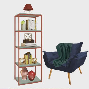 Imagem de Kit Poltrona Fatte com Manta Soft Verde e Estante Livreiro Ferro Bronze mdf Verde Oliva Suede Azul Marinho - Ahazzo Móveis