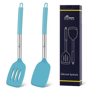 Imagem de HOTEC Conjunto de 2 espátulas de silicone resistentes ao calor de 315 °C e sem BPA para cozinha com alças de aço inoxidável, espátulas ranhuradas e sólidas para panelas antiaderentes, 33,7 polegadas