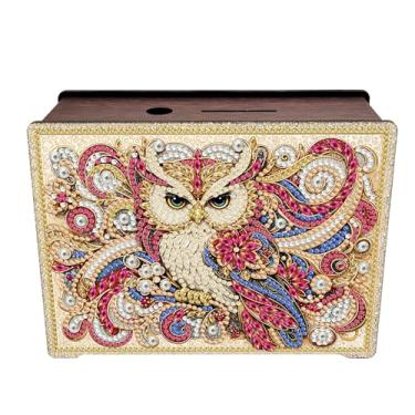 Imagem de LXTONG Kit de cofrinho de pintura de diamante de coruja, caixa de desafio de madeira para economizar dinheiro de coruja com diamantes para presente de aniversário de adultos, kit de artesanato