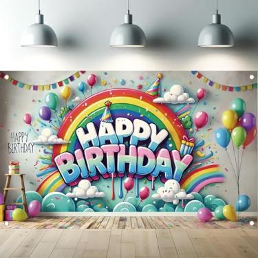 Imagem de Pano de fundo colorido para festa de aniversário, arco-íris, faixa de feliz aniversário com balões, nuvens, decorações de confetes para decoração de fundo de festa infantil, adereços de cabine de