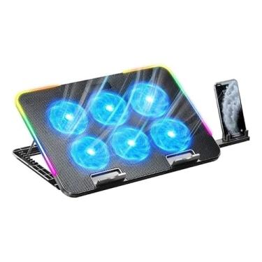 Imagem de Suporte Cooler Notebook Gamer 6 Ventoinhas Silencioso RGB Ajustável com Apoio Celular | Base Refrigerada Ergonômica Potente para Notebook 15.6” 17” | Refrigeração com 6 Fans RGB