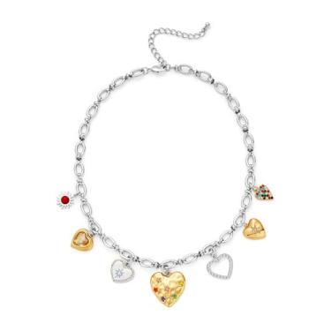 Imagem de WOWORAMA Colar com pingente de coração de prata para mulheres, colares com pingente de coração de zircônia colorida, vintage, dois tons, ajustável, dourado, prata, Adjustable Size, Metal, Sem Pedra