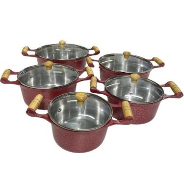 Imagem de Conjunto De 5 Panelas Alumínio Fundido Grosso Craquelado Tampa De Vidr