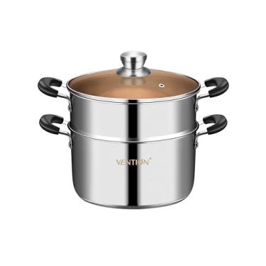 Imagem de VENTION Vaporizador de alimentos com base de cápsula de 2 níveis para cozinhar, vaporizador de legumes de aço inoxidável de 3 7/10 Quater, panela a vapor Tamale de camada dupla de 22 cm, vaporizador com cesta para caranguejo